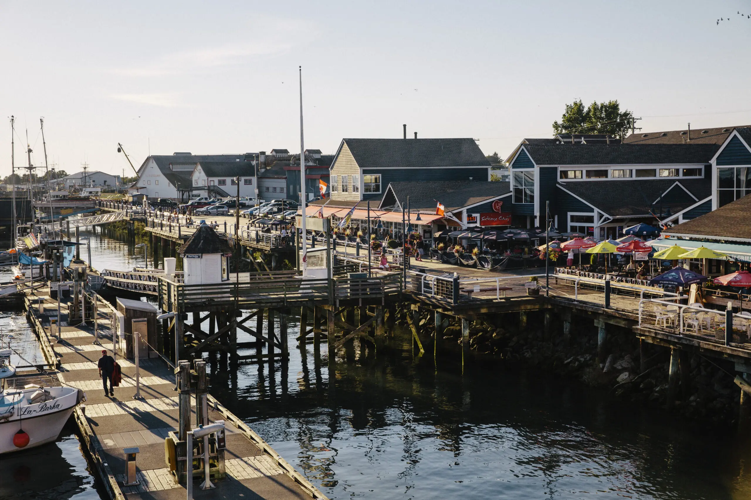 Steveston’s Fisherman’s Wharf with fishing boats, docks, and waterfront restaurants